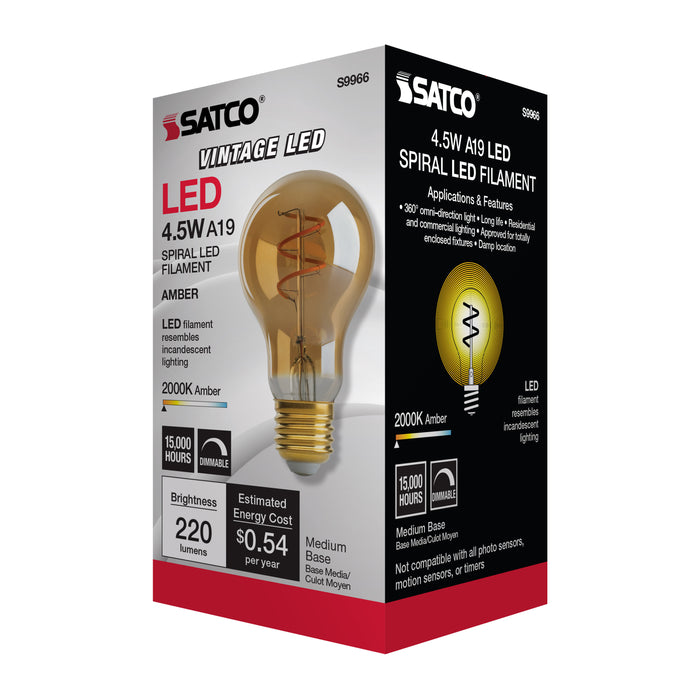 SATCO/NUVO 4A19/SPIRAL/LED/AMB/120V 4.5W A19 LED Amber Medium Base 2000K 260Lm 120V (S9966)