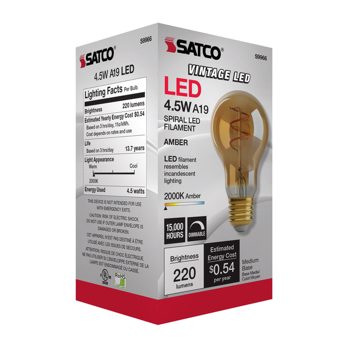 SATCO/NUVO 4A19/SPIRAL/LED/AMB/120V 4.5W A19 LED Amber Medium Base 2000K 260Lm 120V (S9966)