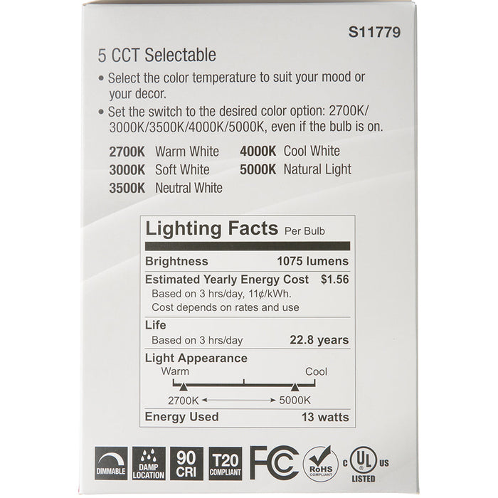 SATCO/NUVO 13W BR40 LED Medium Base CCT Selectable 2700K/3000K/3500K/4000K/5000K 1075Lm White Finish 90 CRI 120V (S11779)