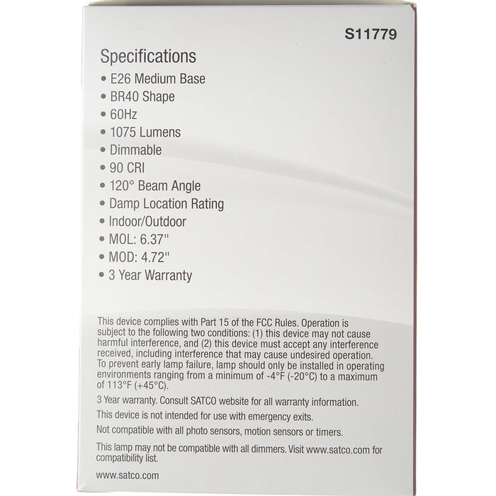 SATCO/NUVO 13W BR40 LED Medium Base CCT Selectable 2700K/3000K/3500K/4000K/5000K 1075Lm White Finish 90 CRI 120V (S11779)