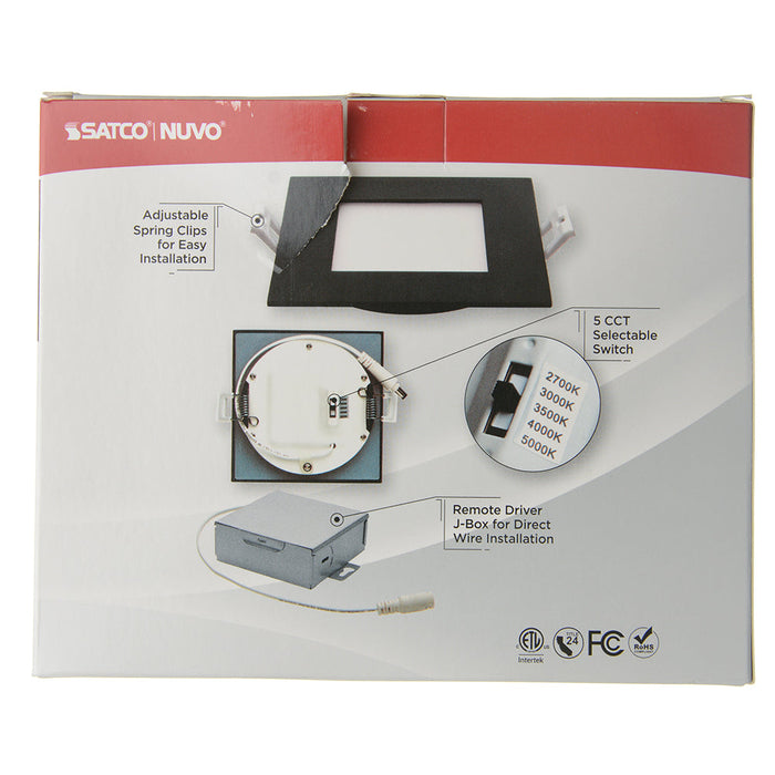 SATCO/NUVO 10W LED Direct Wire Downlight Edge-Lit 4 Inch CCT Selectable 2700K/3000K/3500K/4000K/5000K 120V Dimmable Square Remote Driver Black (S11876)