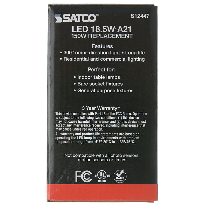 SATCO/NUVO 18.5W A21 LED Frost Finish Medium Base 3000K 120V (S12447)