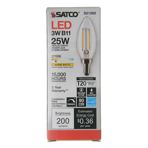 SATCO/NUVO 3W B11 LED Clear Candelabra Base 90 CRI 2700K 120V (S21262)