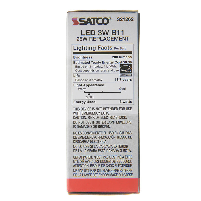 SATCO/NUVO 3W B11 LED Clear Candelabra Base 90 CRI 2700K 120V (S21262)