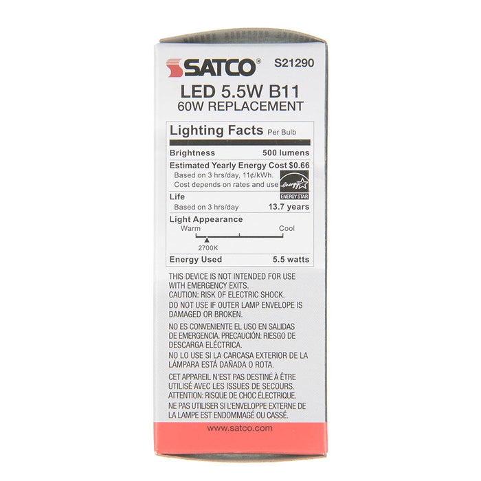 SATCO/NUVO 5.5W B11 LED Clear Medium Base 90 CRI 2700K 120V (S21290)