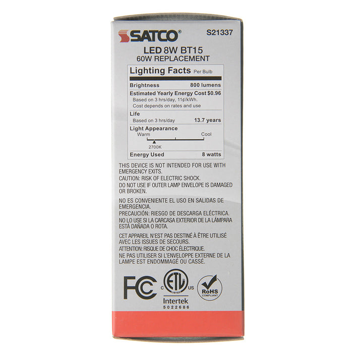 SATCO/NUVO 8W BT15 LED White Medium Base 90 CRI 2700K 120V (S21337)