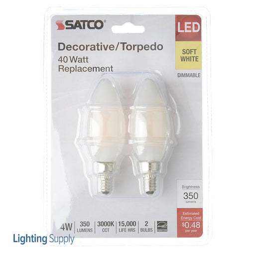 SATCO/NUVO 4W B11 LED Frosted Candelabra E12 Base 3000K 350Lm 120V 2-Pack (S21824)