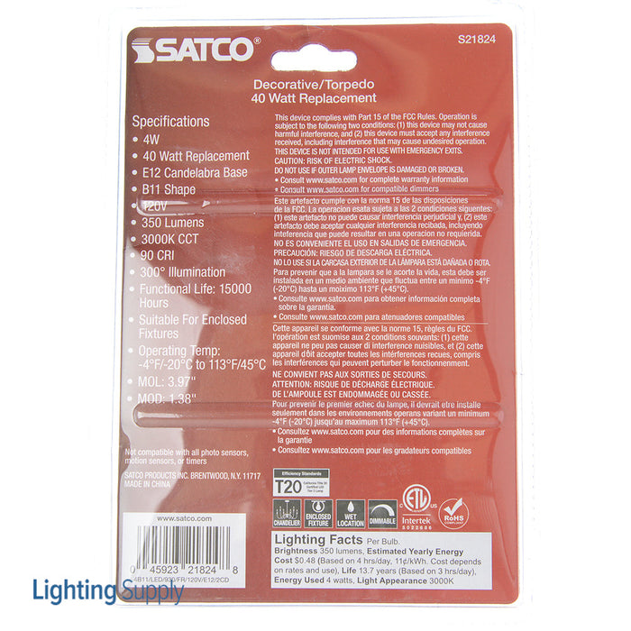 SATCO/NUVO 4W B11 LED Frosted Candelabra E12 Base 3000K 350Lm 120V 2-Pack (S21824)
