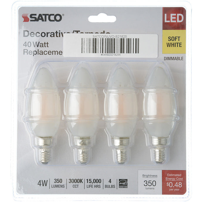 SATCO/NUVO 4W B11 LED Frosted Candelabra E12 Base 3000K 350Lm 120V 4-Pack (S21825)