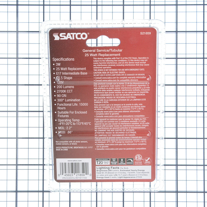 SATCO/NUVO 3W T6.5 LED Clear Intermediate E17 Base 200Lm 2700K (S21859)