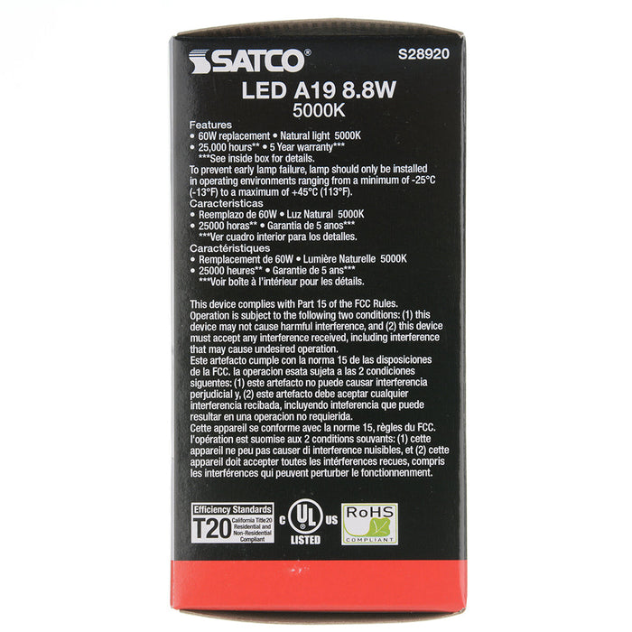 SATCO/NUVO 8.8W A19 LED 5000K Medium Base 220 Degree Beam Angle 120-277V (S28920)