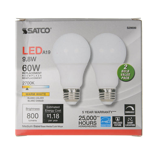 SATCO/NUVO 9.8W A19 LED Medium Base 2700K Frosted 220 Degree Beam Spread 120V 2-Pack Display Pack (S29699)