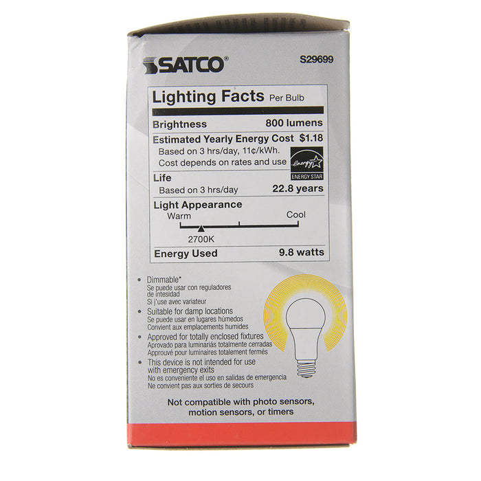 SATCO/NUVO 9.8W A19 LED Medium Base 2700K Frosted 220 Degree Beam Spread 120V 2-Pack Display Pack (S29699)