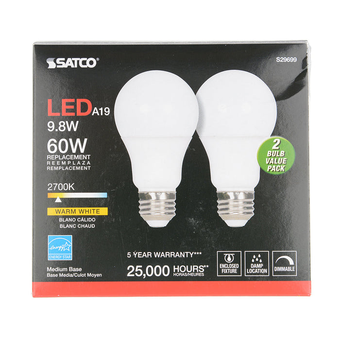 SATCO/NUVO 9.8W A19 LED Medium Base 2700K Frosted 220 Degree Beam Spread 120V 2-Pack Display Pack (S29699)