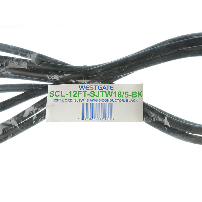 Westgate Manufacturing 12 Foot Cord SJTW 18 AWG 5-Conductor Black (SCL-12FT-SJTW18/5-BK)