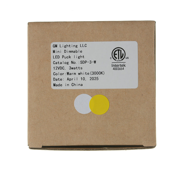 GM Lighting 12VDC 3W Dimmable LED Puck Light 110Lm 3000K 80 CRI White (SDP-3-W)