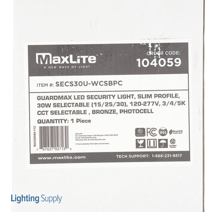 Maxlite 104059 Guardmax LED Security Light Slim Profile Wattage/CCT Selectable 15W/25W/30W 3000K/4000K/5000K 120-277V Bronze Photocell (SECS30U-WCSBPC)