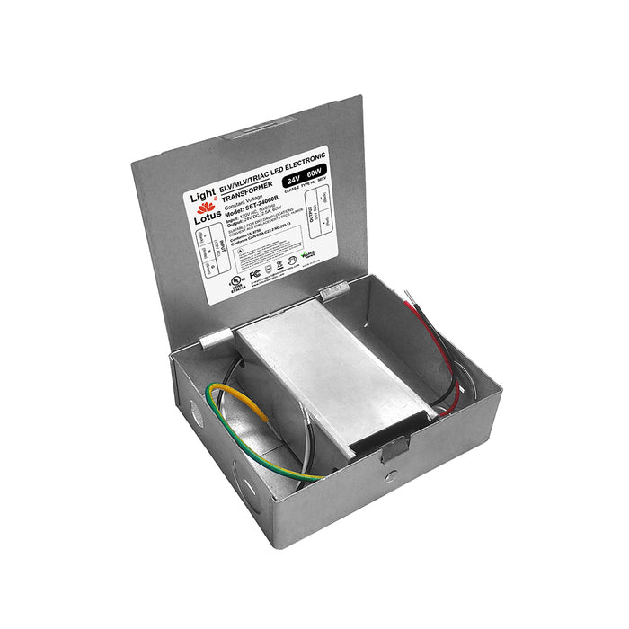 Lotus LED Lights 24V DC 60W Mini Electronic Transformer In Junction Box 2.5A Triac Dimming 120Vac UL Class 2 Type HL Constant Voltage (SET-24060B)