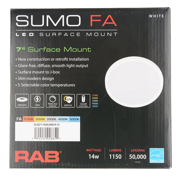 RAB 7 Inch Slim Surface Mount Fixture Round 14W 90 CRI CCT Selectable 2700K/3000K/3500K/4000K/5000K (SUMO-R-7)