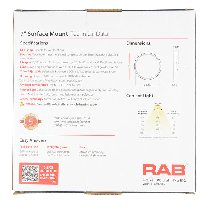 RAB 7 Inch Slim Surface Mount Fixture Round 14W 90 CRI CCT Selectable 2700K/3000K/3500K/4000K/5000K (SUMO-R-7)