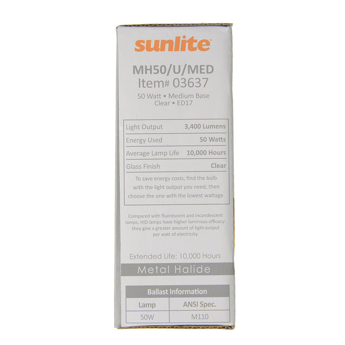 Sunlite MH50/U/MED HID 4000K 50W 3400Lm Ellipsoidal Dimple ED17 Medium E26 Non-Dimmable (03637-SU)