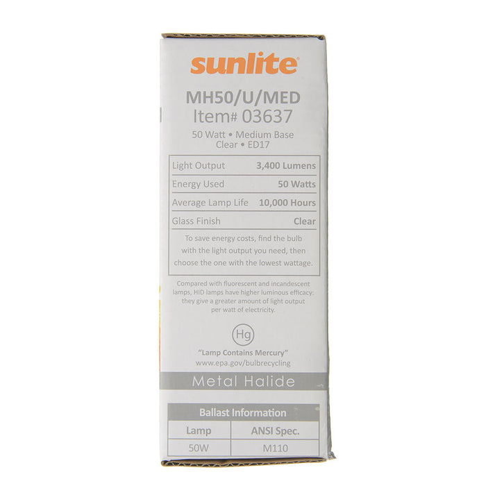 Sunlite MH50/U/MED HID 4000K 50W 3400Lm Ellipsoidal Dimple ED17 Medium E26 Non-Dimmable (03637-SU)