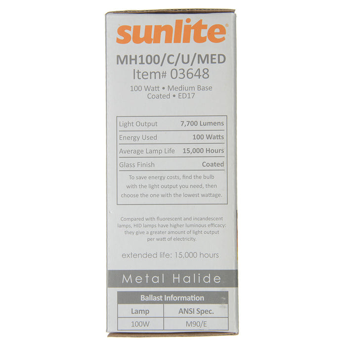 Sunlite MH100/C/U/MED HID 4000K 120V 100W 7700Lm Ellipsoidal Dimple ED17 Medium E26 Non-Dimmable (03648-SU)