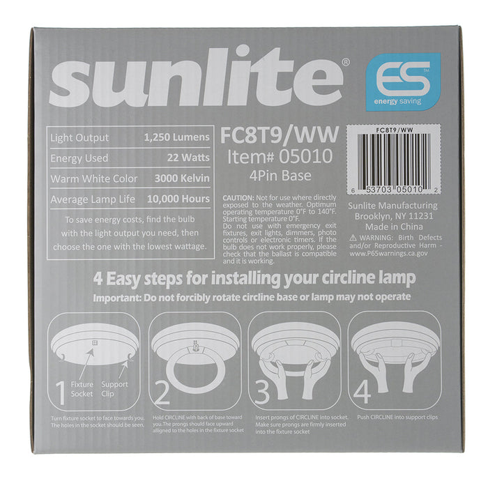 Sunlite FC8T9/WW Fluorescent 3000K 22W 1250Lm T9 G10Q (4 PIN) Non-Dimmable (05010-SU)