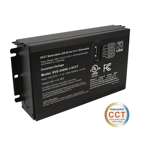 Lotus LED Lights LED Driver 24V 96W CCT Selectable 2700K/3000K/3500K/4000K/5000K 5-In-1 Dimmable cULus Built-In Wiring Chambers 120-277V Class 2 (SVD-24096-J-5CCT)