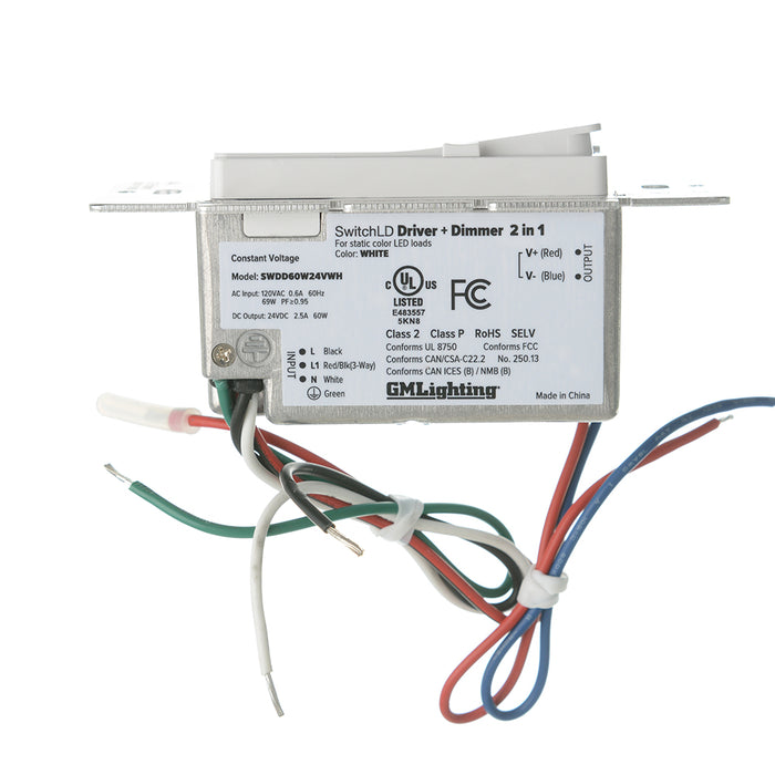 GM Lighting SwitchLD 2-in-1 LED wall dimmer and driver, 60W 24VDC, white