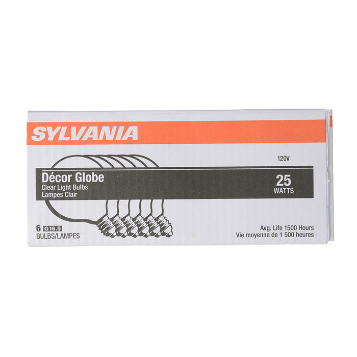 Sylvania 25G16.5C 120V Incandescent G16.5 Decor Bulb Shape Clear Finish Candelabra Base 25W 120V 2850K 6 Pack/Priced Per Each (13618)