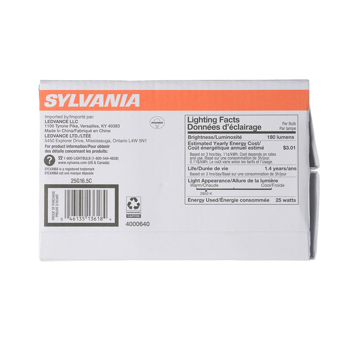 Sylvania 25G16.5C 120V Incandescent G16.5 Decor Bulb Shape Clear Finish Candelabra Base 25W 120V 2850K 6 Pack/Priced Per Each (13618)