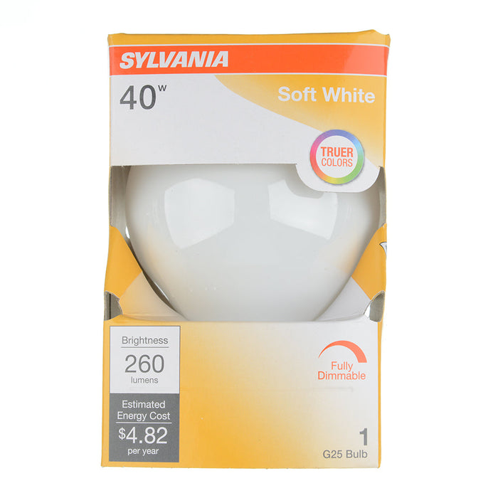 Sylvania 40G25/W/RP 120V Incandescent G25 Decor Bulb Shape Soft White Finish Medium Aluminum Base 40W 120V 2850K (14287)