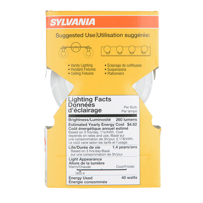 Sylvania 40G25/W/RP 120V Incandescent G25 Decor Bulb Shape Soft White Finish Medium Aluminum Base 40W 120V 2850K (14287)
