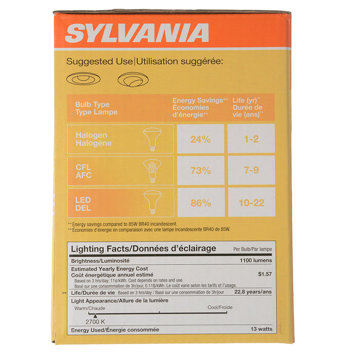 Sylvania LED12BR40DIMHO827G6RP 13W LED BR40 Dimmable 80 CRI 1100Lm 2700K 25000 Hours Medium E26 Base (40458)