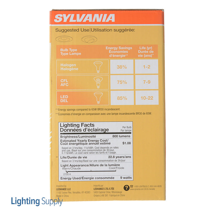 Sylvania LED9BR30DIMHO827G6RP 9W LED BR30 Dimmable 80 CRI 800Lm 2700K 25000 Hours Medium E26 Base (40460)
