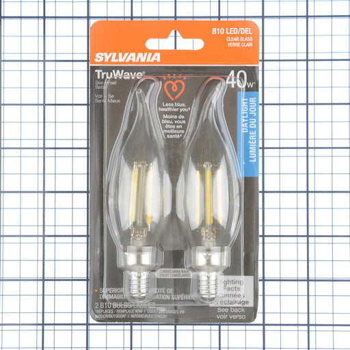 Sylvania LED4B10CBENTDIM950CL13YTLBL2 LED Natural TruWave B10 4W Dimmable 90 CRI 350Lm 5000K Candelabra Base Clear Finish 2 Pack/Priced Per Each (40791)