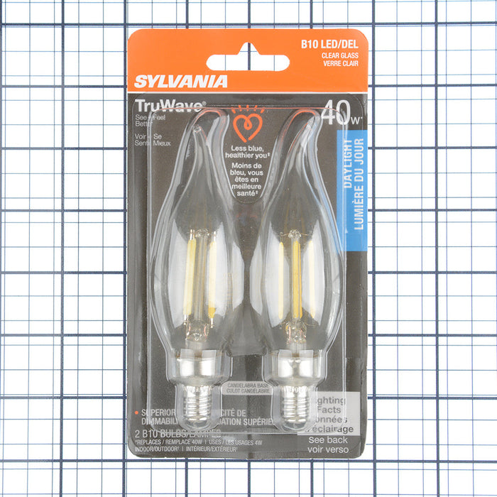 Sylvania LED4B10CBENTDIM950CL13YTLBL2 LED Natural TruWave B10 4W Dimmable 90 CRI 350Lm 5000K Candelabra Base Clear Finish 2 Pack/Priced Per Each (40791)