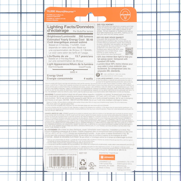 Sylvania LED4B10CBENTDIM950CL13YTLBL2 LED Natural TruWave B10 4W Dimmable 90 CRI 350Lm 5000K Candelabra Base Clear Finish 2 Pack/Priced Per Each (40791)