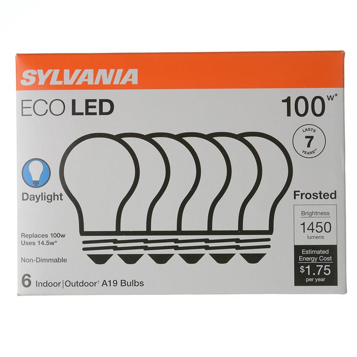 Sylvania ECOLED14.5A19F8507YVRP6 ECO 14.5W LED A19 80 CRI 1450Lm 5000K 7700 Hours 6 Pack Priced Per Each (40884)