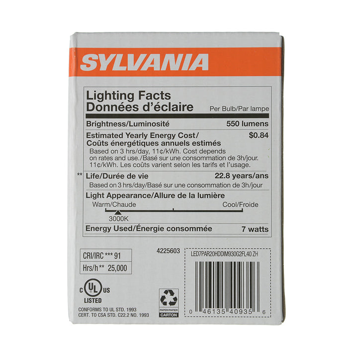Sylvania LED7PAR20HDDIM930G2FL40 LED PAR20 7W Dimmable 91 CRI 550Lm 3000K 25000 Hours (40935)