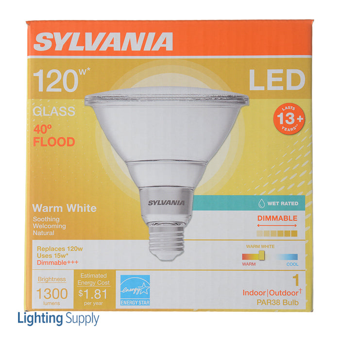 Sylvania LED15PAR38DIM830FL4013YGLWRP 15W LED PAR38 Dimmable 82 CRI 1300Lm 3000K 15000 Hours 40 Degree Beam Angle (41060)