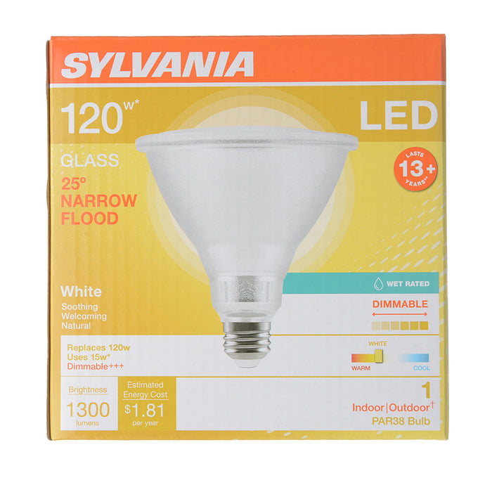 Sylvania LED15PAR38DIM830NFL2513YGLWRP 15W LED PAR38 Dimmable 82 CRI 1300Lm 3000K 15000 Hours 25 Degree Beam Angle (41061)