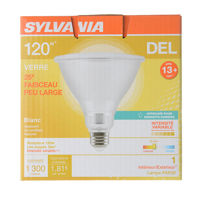 Sylvania LED15PAR38DIM830NFL2513YGLWRP 15W LED PAR38 Dimmable 82 CRI 1300Lm 3000K 15000 Hours 25 Degree Beam Angle (41061)