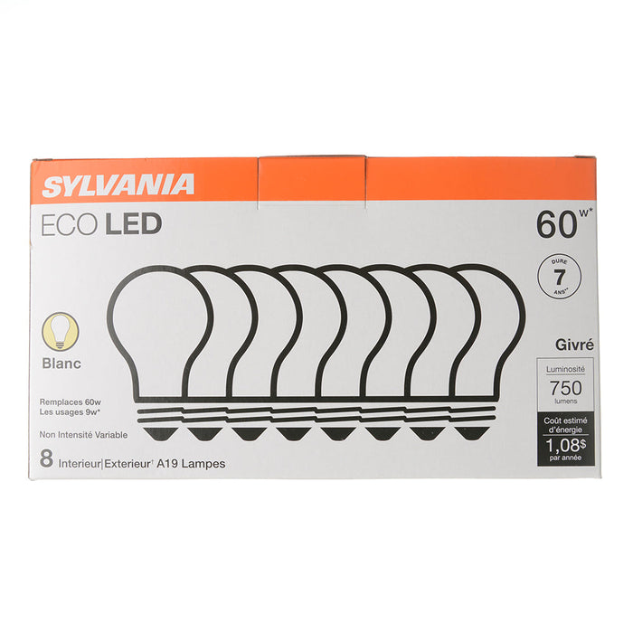 Sylvania ECOLED9A19F8307YVRP8 LED A19 9W 80 CRI 750Lm 3000K 7700 Hours E26 Base Frosted Finish 8 Pack/Priced Per Each (41099)
