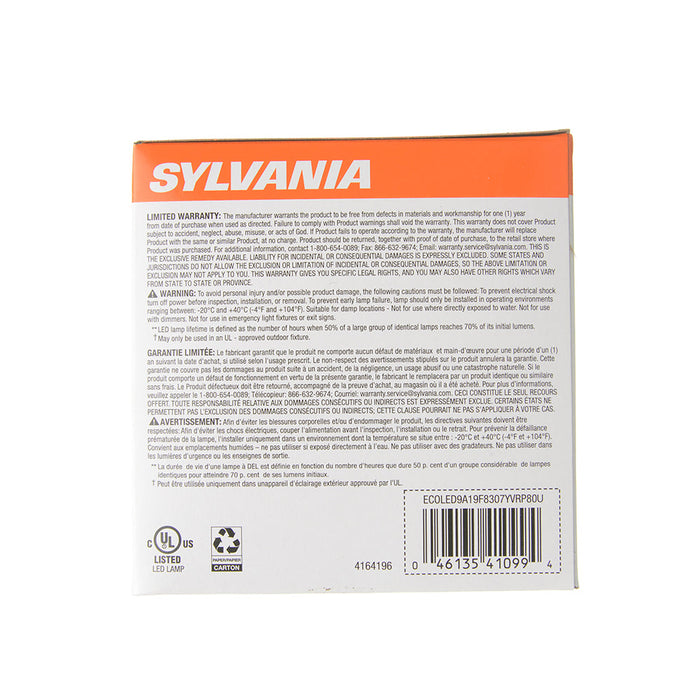 Sylvania ECOLED9A19F8307YVRP8 LED A19 9W 80 CRI 750Lm 3000K 7700 Hours E26 Base Frosted Finish 8 Pack/Priced Per Each (41099)