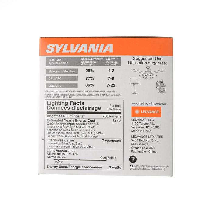 Sylvania ECOLED9A19F8307YVRP8 LED A19 9W 80 CRI 750Lm 3000K 7700 Hours E26 Base Frosted Finish 8 Pack/Priced Per Each (41099)