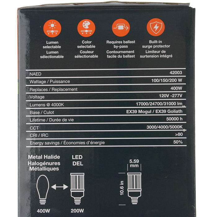 Sylvania HIDr1AS200UNV8SC2MOG Performance Class HID Replacement Mogul EX39 120-277V Wattage/CCT Selectable 200W/150W/100W 3000K/4000K/5000K 4Kv Surge Suppression (42003)