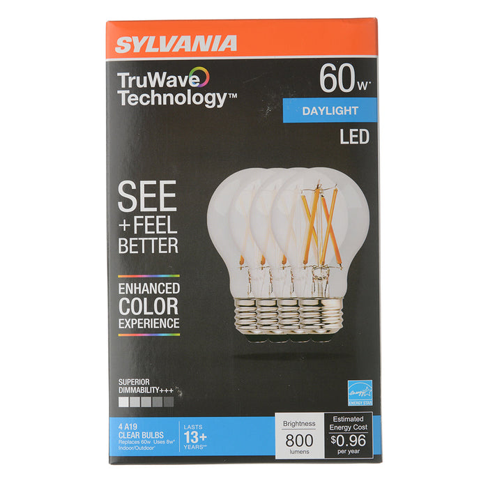 Sylvania LED8A19DIMCL95013YTLRP4 LED Natural Truwave A19 8W Dimmable 90 CRI 800Lm 5000K 15000 Hours Medium Base Clear Finish 4 Pack/Priced Per Each (49827)