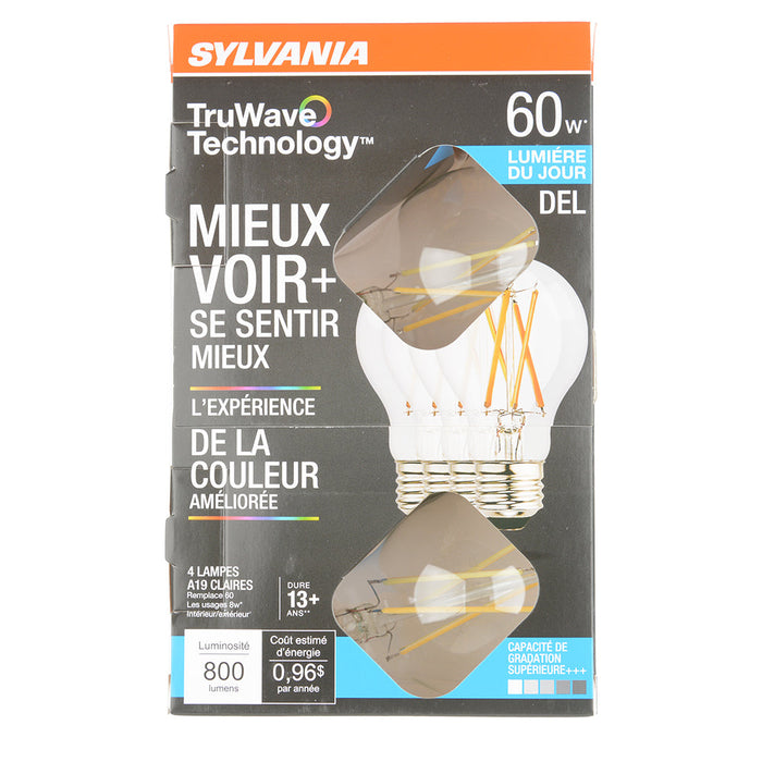 Sylvania LED8A19DIMCL95013YTLRP4 LED Natural Truwave A19 8W Dimmable 90 CRI 800Lm 5000K 15000 Hours Medium Base Clear Finish 4 Pack/Priced Per Each (49827)